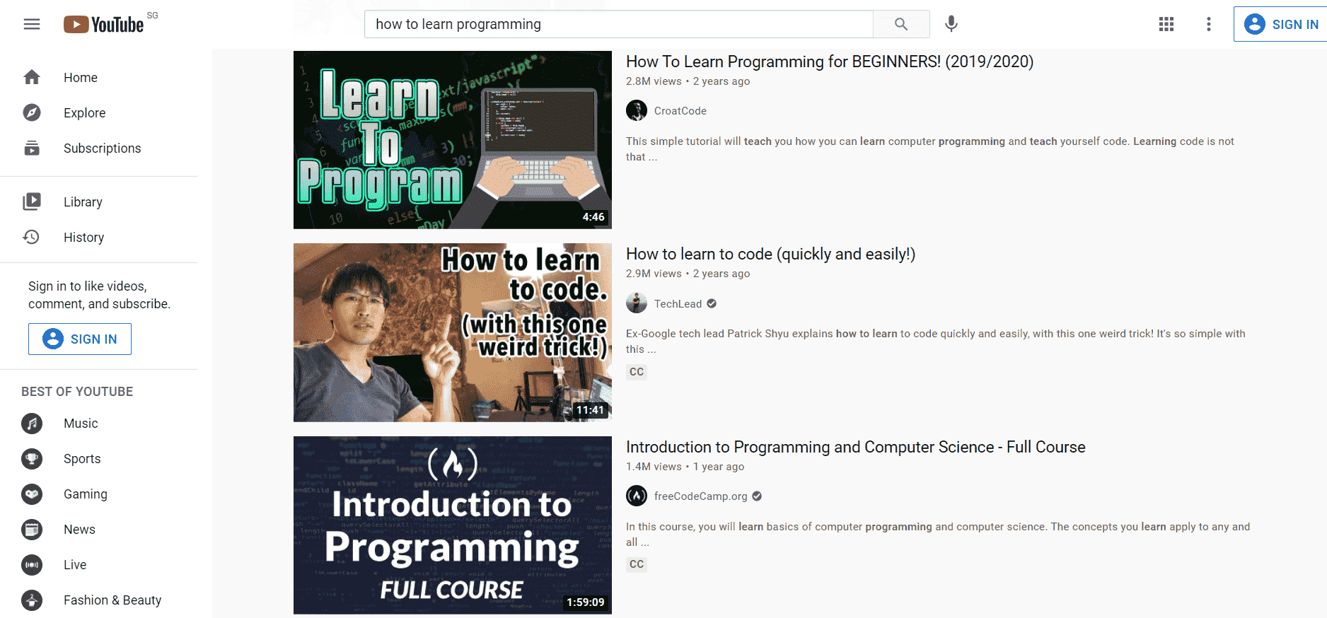 Youtube programming search